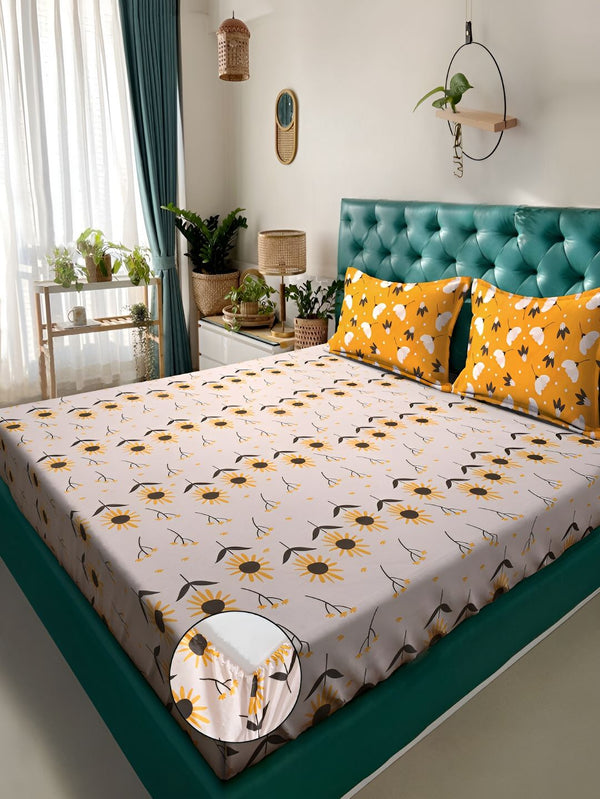 KLOTTHE Peach & Yellow Floral 300 TC Fitted Double King Bedsheet With 2 Pillow Covers