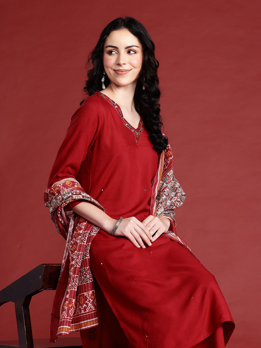 Anouk Embellished Mirror Work Kurta With Palazzos & With Dupatta