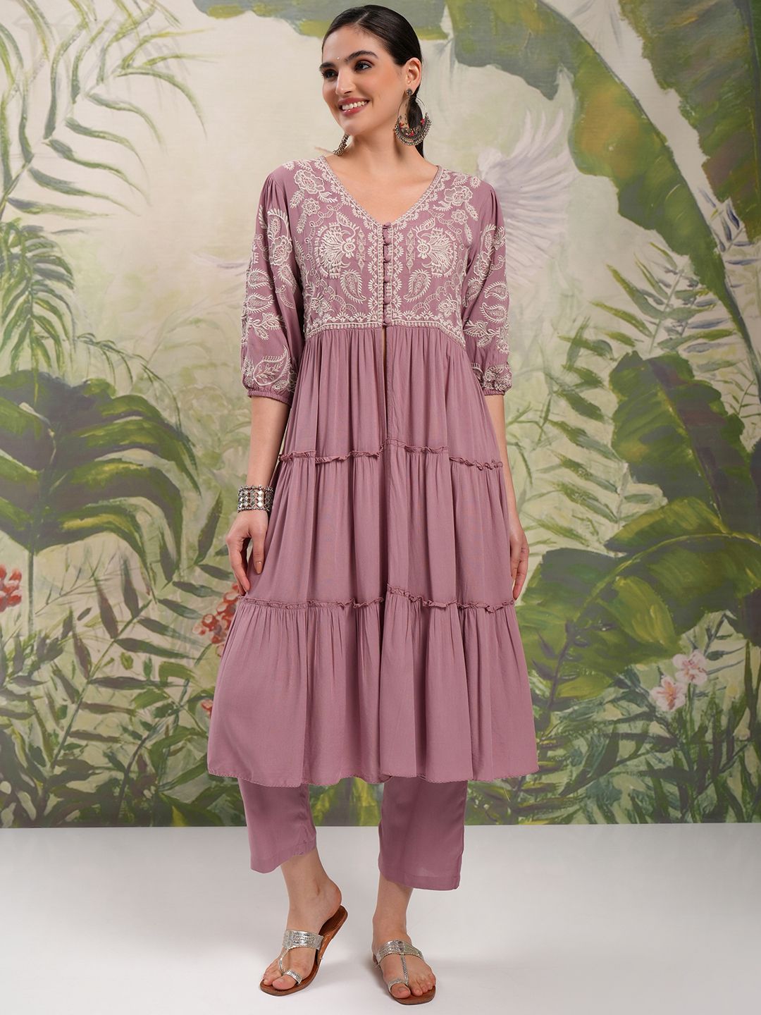 Vishudh V Neck Three Quarter Puff Sleeves Embroidered Anarkali Kurta Sets
