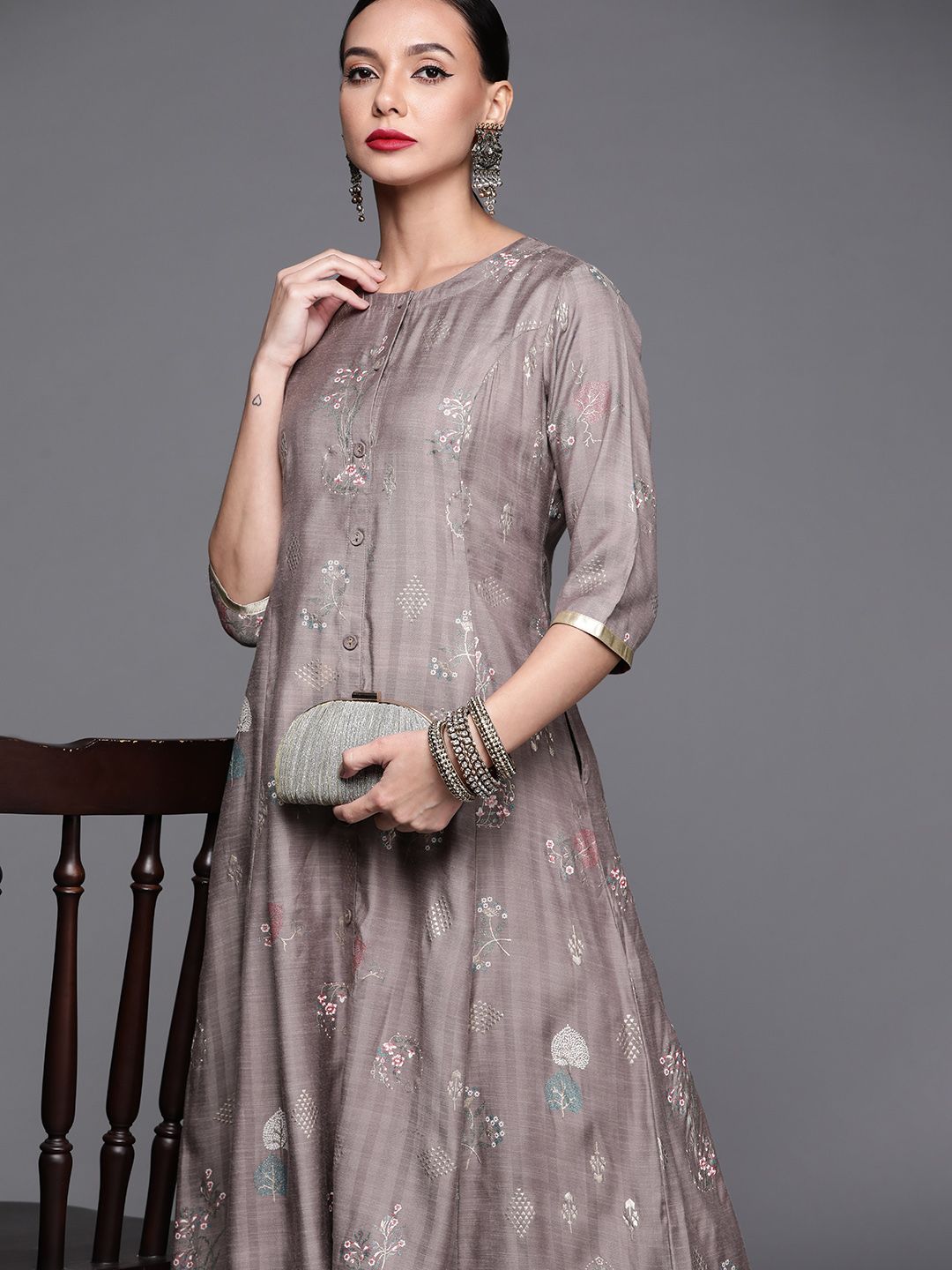 Libas Women Grey & Golden Floral Motifs Printed A-line Kurta with Pocket
