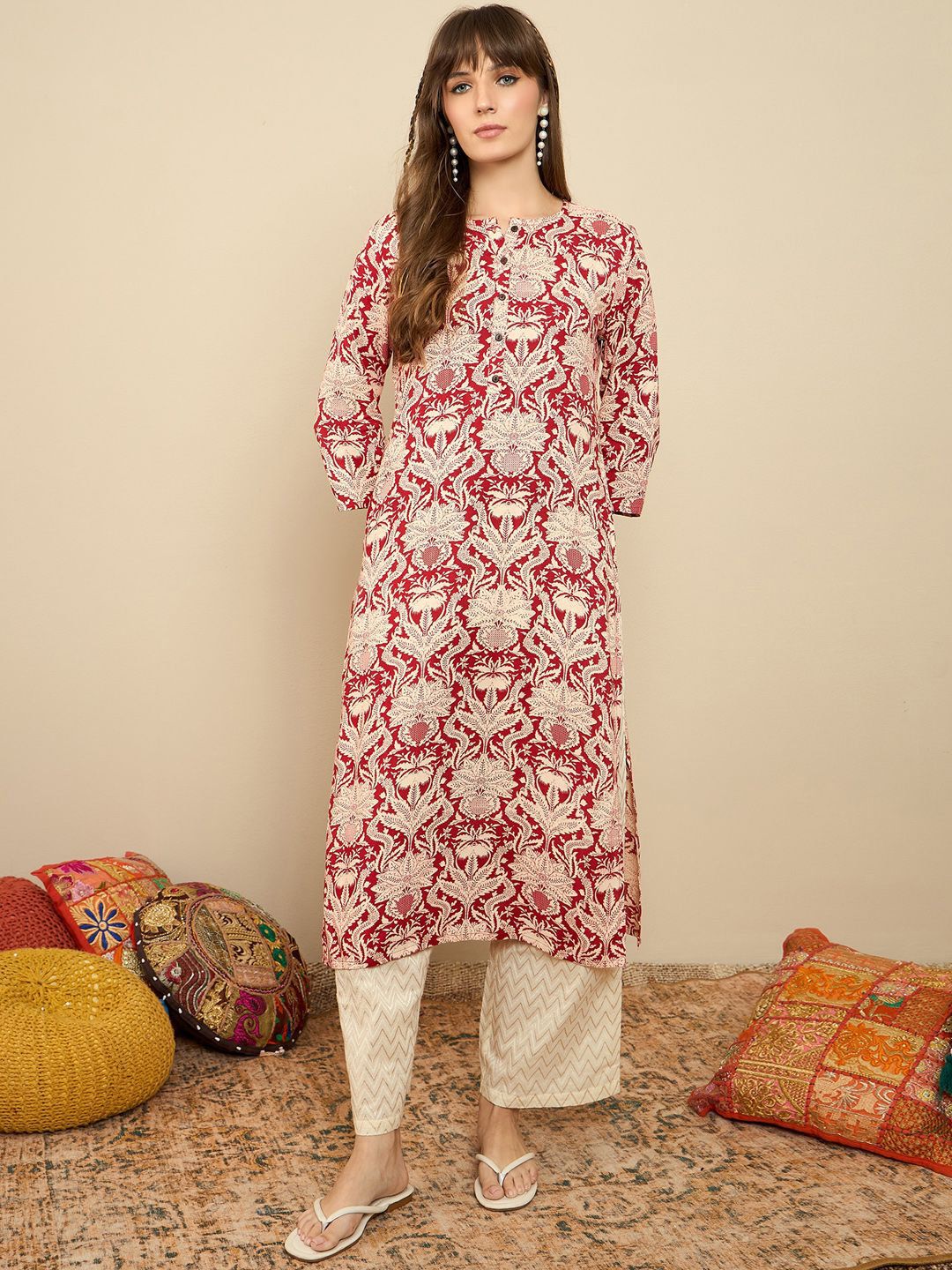 Indo Era Floral Printed Round Neck Straight Kurta