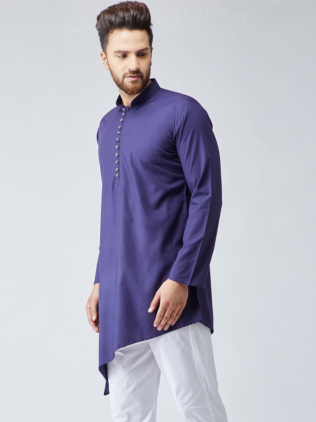 SOJANYA Lelaki Navy Blue Solid Straight Asymmetric Kurta
