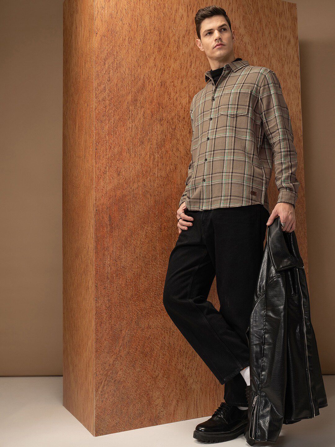 Locomotive Premium Men Khaki Relaxed Fit Dobby Textured Checked Shirt