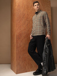 Locomotive Premium Men Khaki Relaxed Fit Dobby Textured Checked Shirt