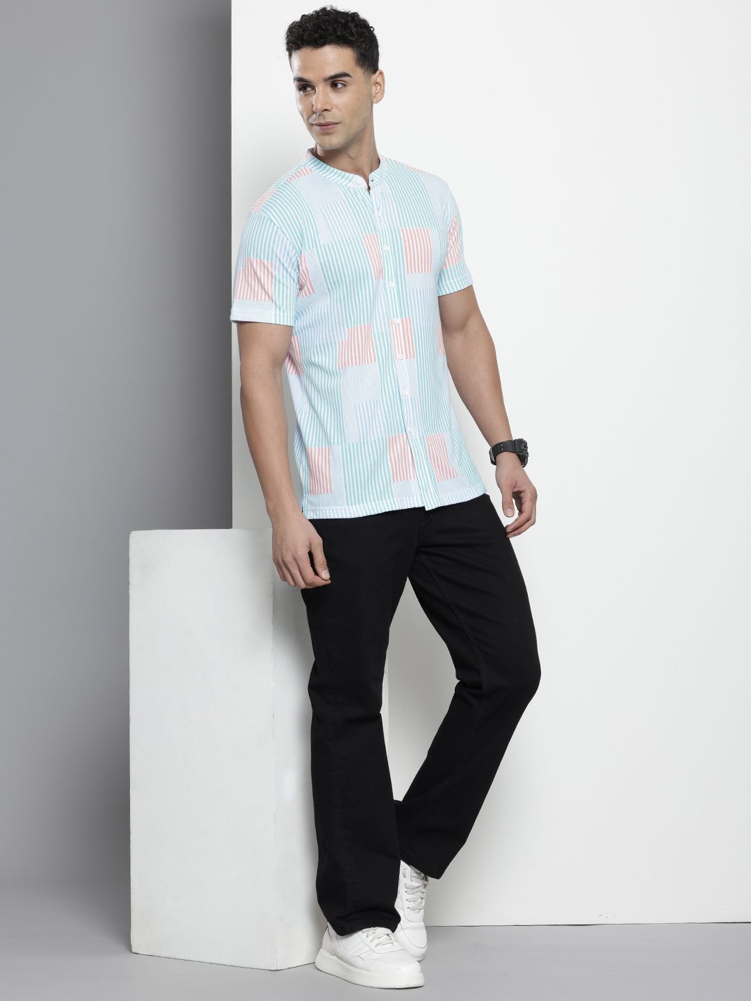 The Indian Garage Co Band Collar Striped Casual Shirt