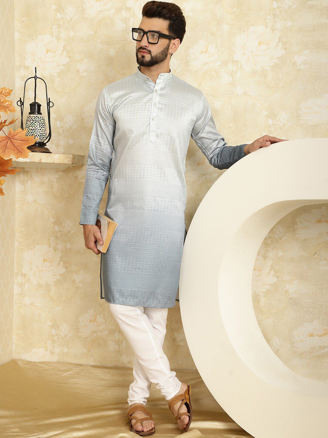 SOJANYA Striped Regular Sequined Jacquard Kurta With Churidar