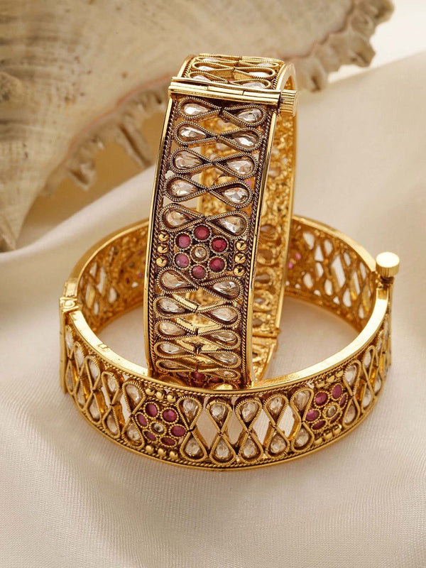 Karatcart Set 2 Gold Plated Kundan Studded Antique Bangles