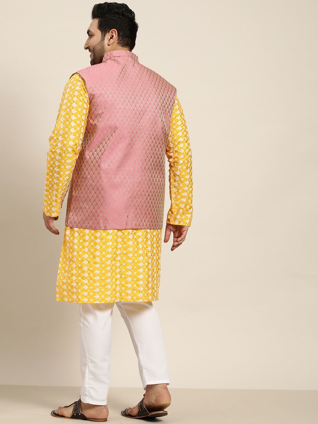 SOJANYA PLUS Men Yellow & White Chikankari Embroidered Kurta with Churidar & Nehru Jacket