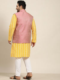 SOJANYA PLUS Men Yellow & White Chikankari Embroidered Kurta with Churidar & Nehru Jacket