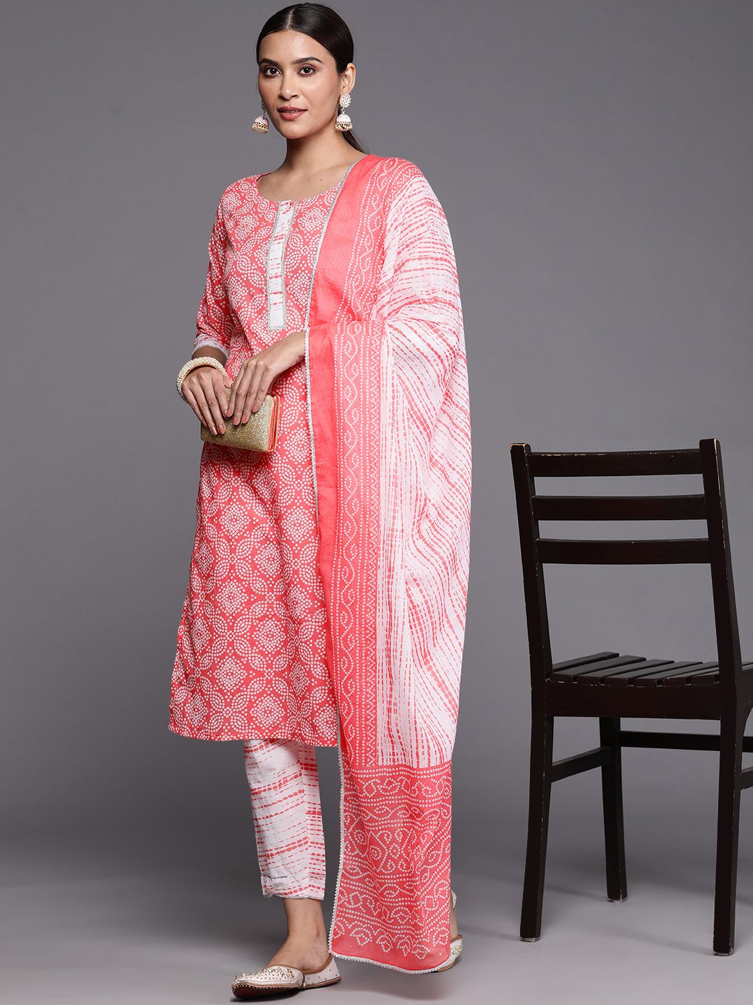 Libas Women Peach-Coloured Bandhani Printed Gotta Patti Pure Cotton Kurta with Trousers & With Dupatta