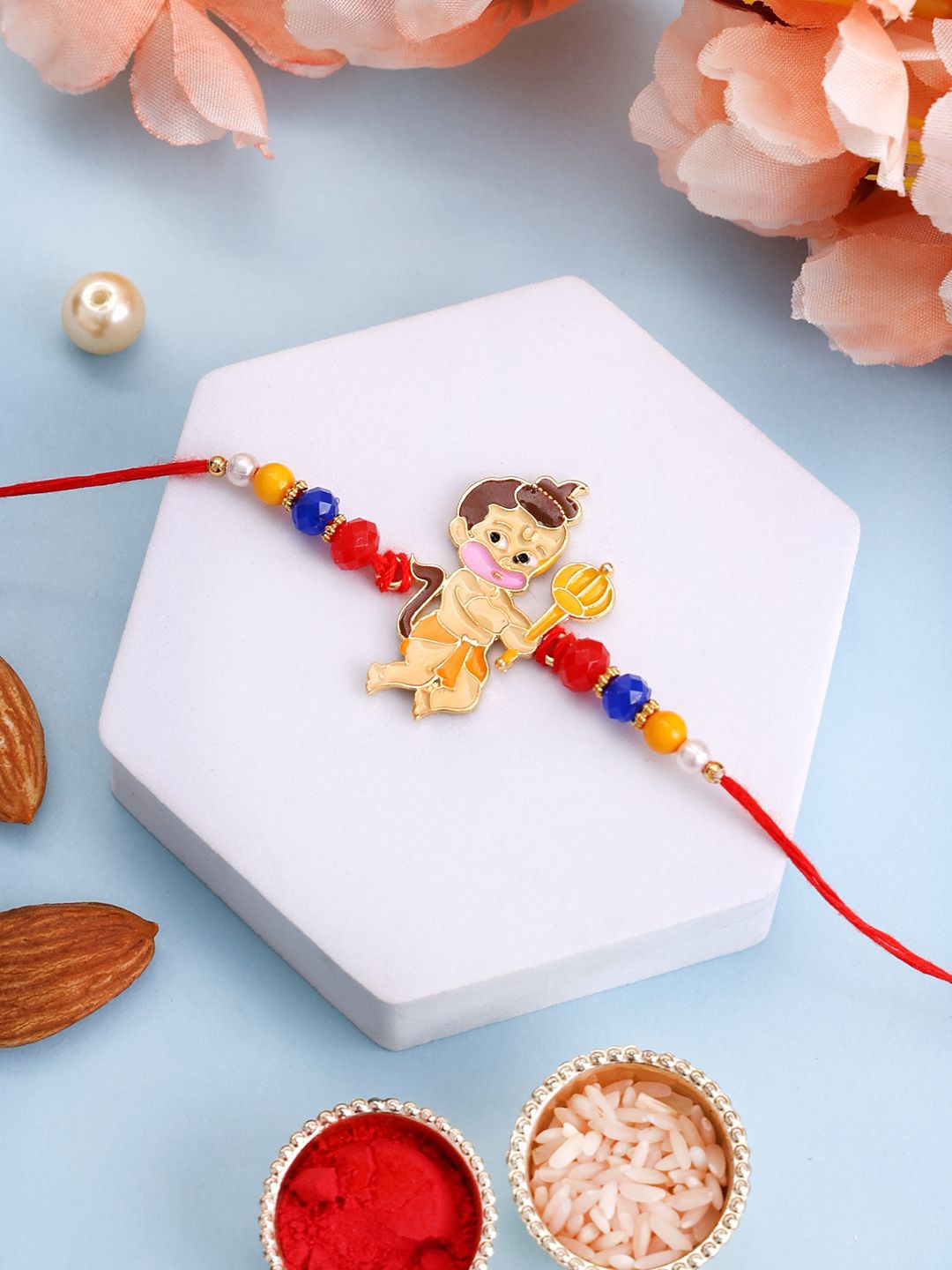 PANASH Gold-Plated Hanuman Shaped Brass Thread Rakhi With Roli Chawal