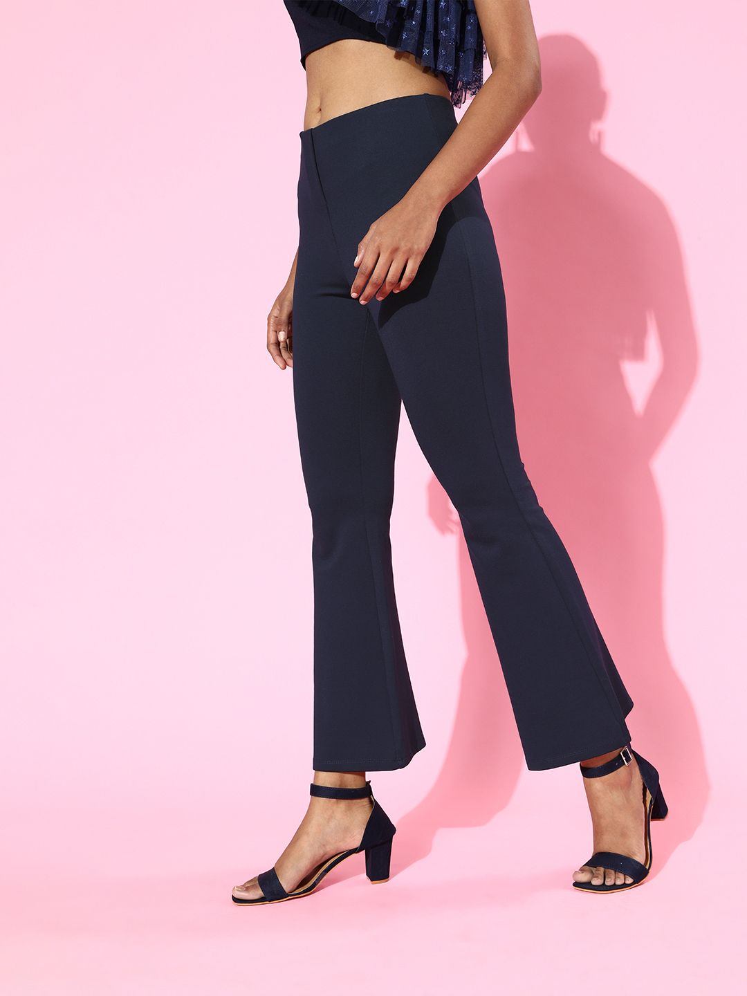 SASSAFRAS Women Navy Blue High-Rise Graduated Flare Trousers