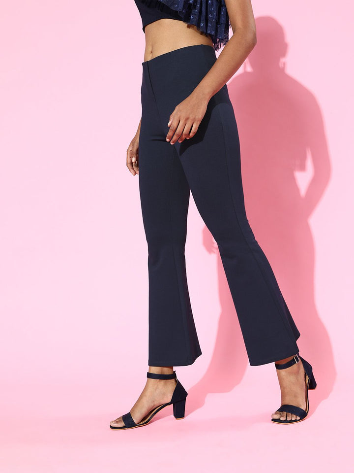 SASSAFRAS Women Navy Blue High-Rise Graduated Flare Trousers
