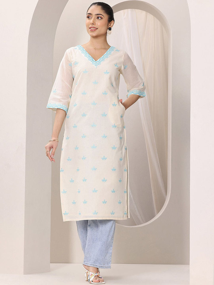 Libas Off White Floral Embroidered V-Neck Thread Work Straight Kurta