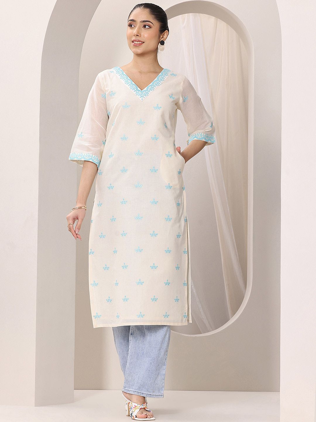Libas Off White Floral Embroidered V-Neck Thread Work Straight Kurta