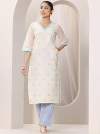 Libas Off White Floral Embroidered V-Neck Thread Work Straight Kurta