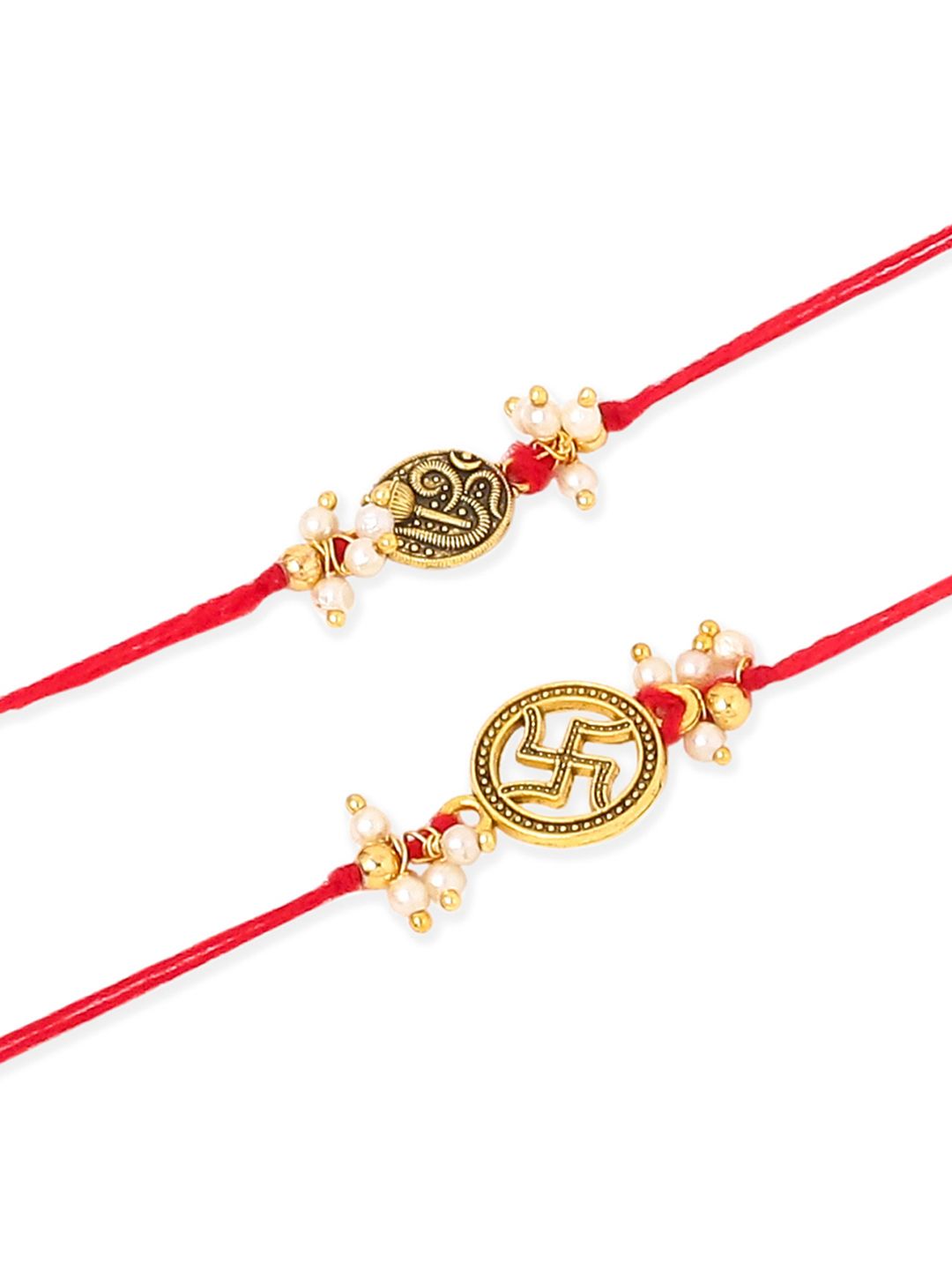 NVR Unisex Set of 2 Pearls Swastik Desgin Thread Rakhi with Roli Chawal Chandan Mishri