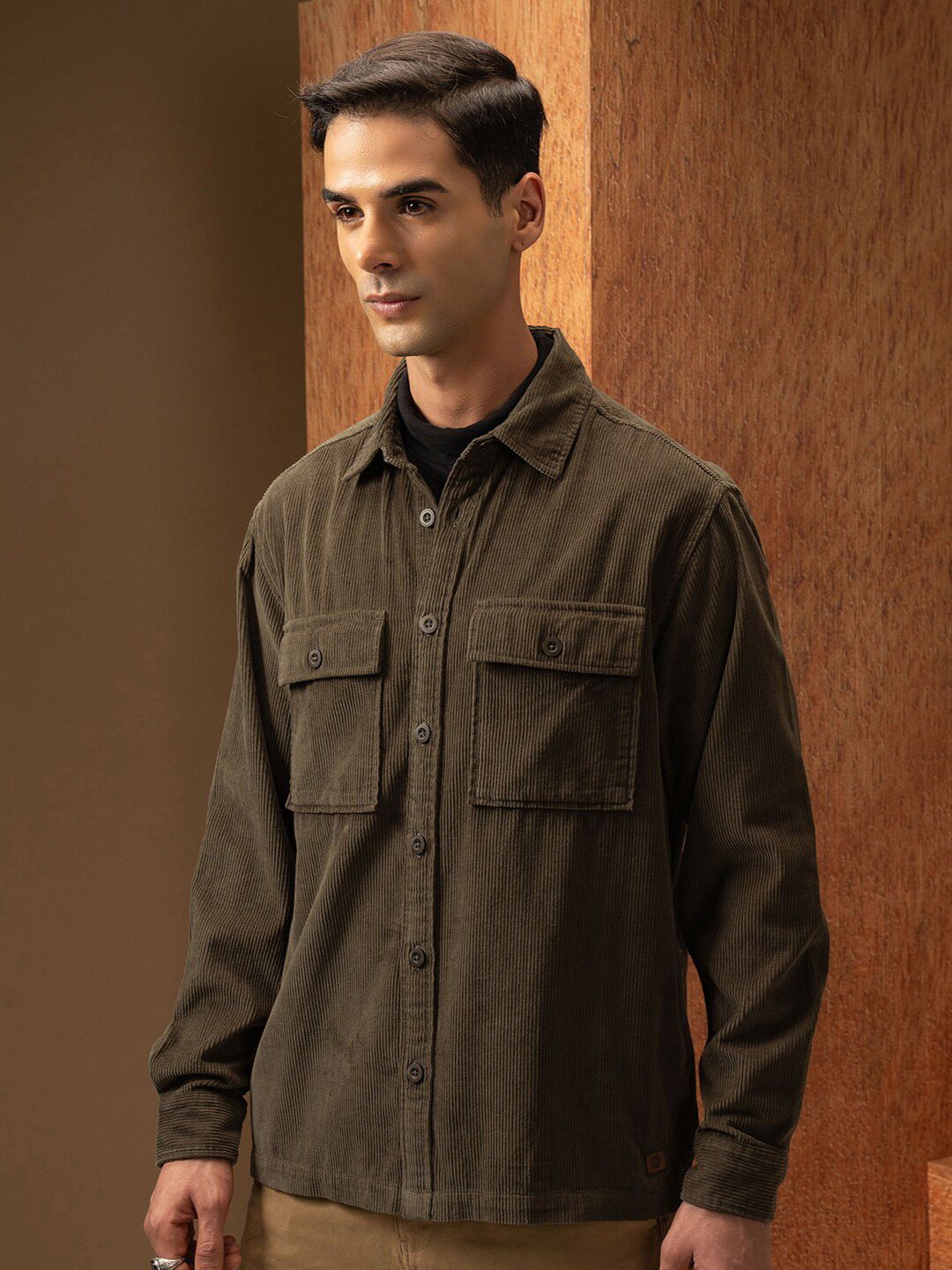 LOCOMOTIVE Oversized Corduroy Solid Utility Pocket Overshirt