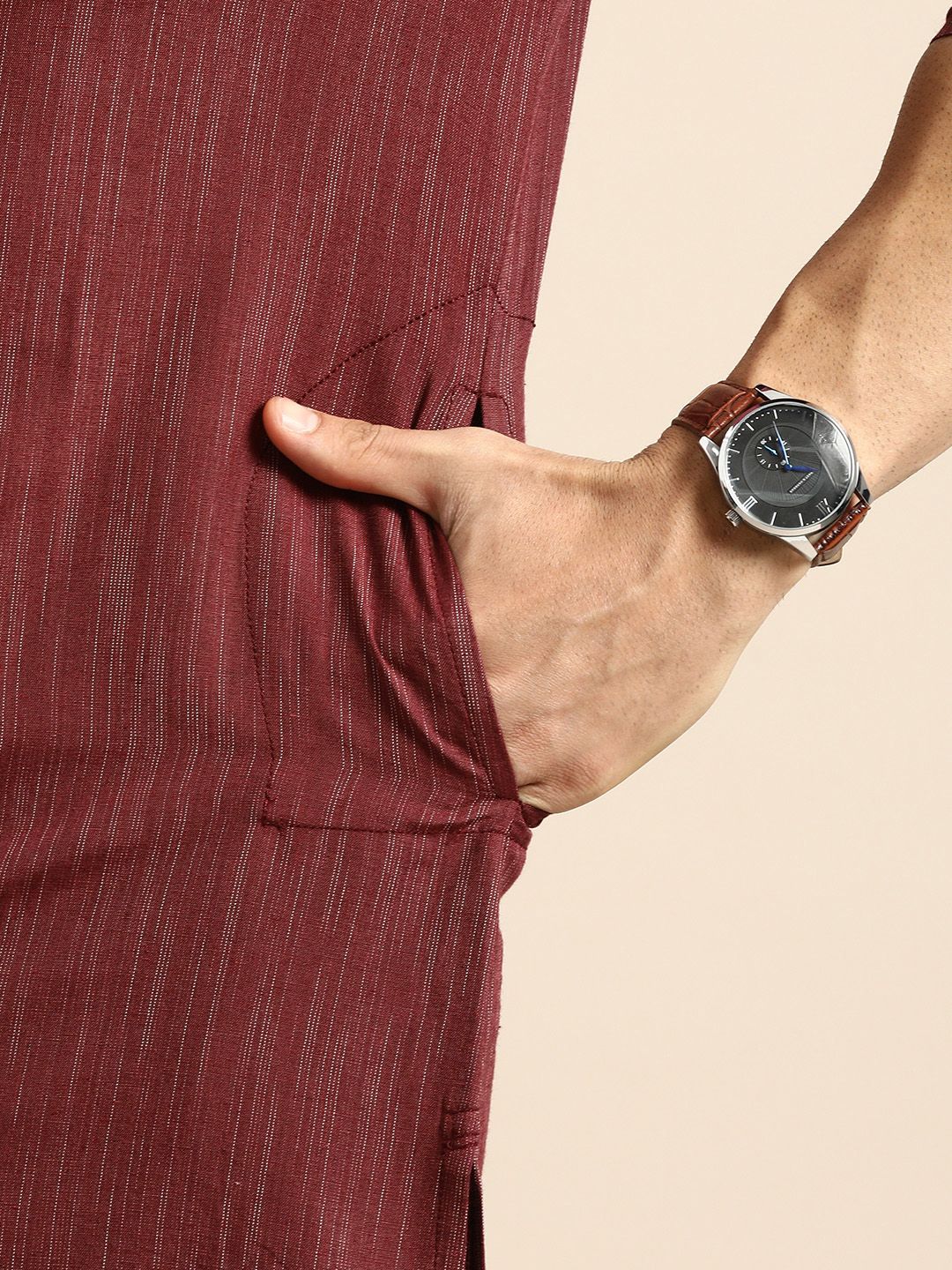 Anouk Men Maroon Striped Angrakha Pure Cotton Straight Kurta with Pyjamas