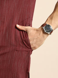 Anouk Men Maroon Striped Angrakha Pure Cotton Straight Kurta with Pyjamas