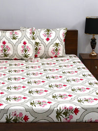BOMBAY DYEING White & Green Floral 144 TC Queen Bedsheet with 2 Pillow Covers