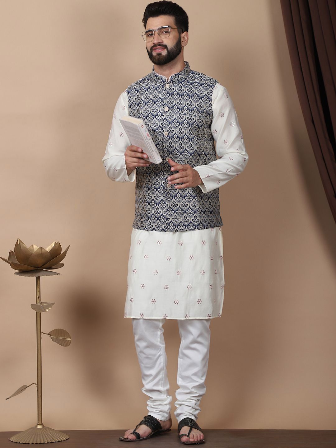 Anouk Cream-Coloured Floral Embroidered Cotton Silk Kurta with Churidar & Nehru Jacket