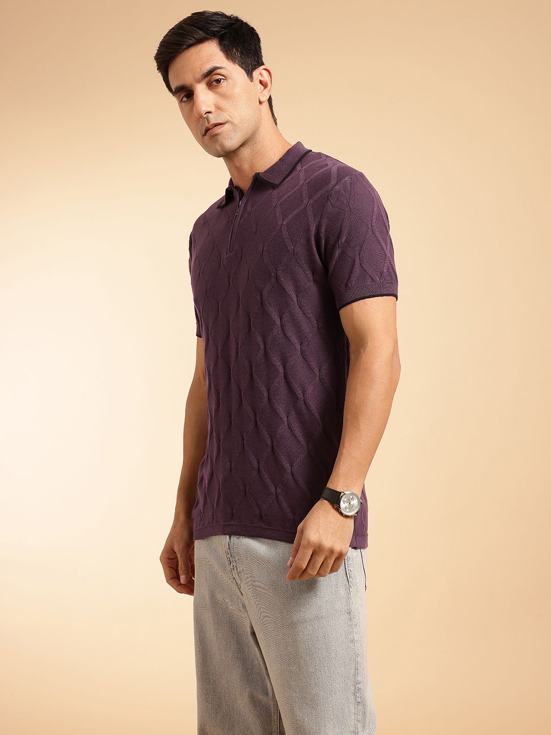 French Connection Pure Cotton Self Geometric Polo Collar Knit T-shirt