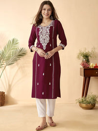 Anouk Maroon Ethnic Motifs Embroidered Round Neck Thread Work Straight Kurta