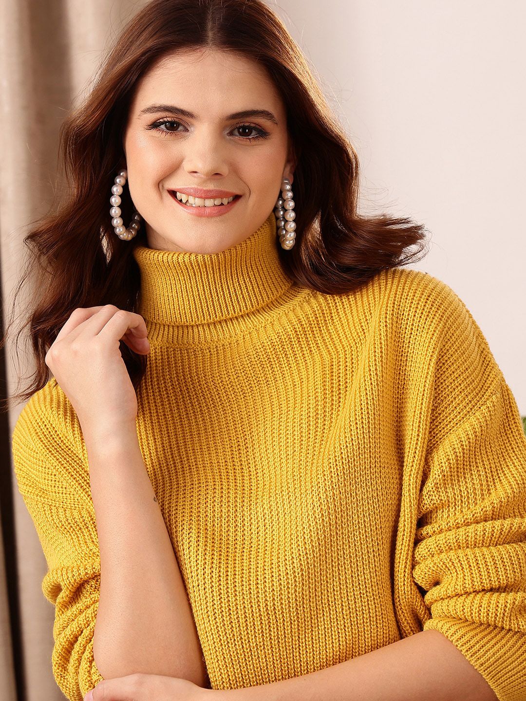 STREET 9 Self Design High Neck Long Sleeve Acrylic Cable Knit Pullover Sweaters