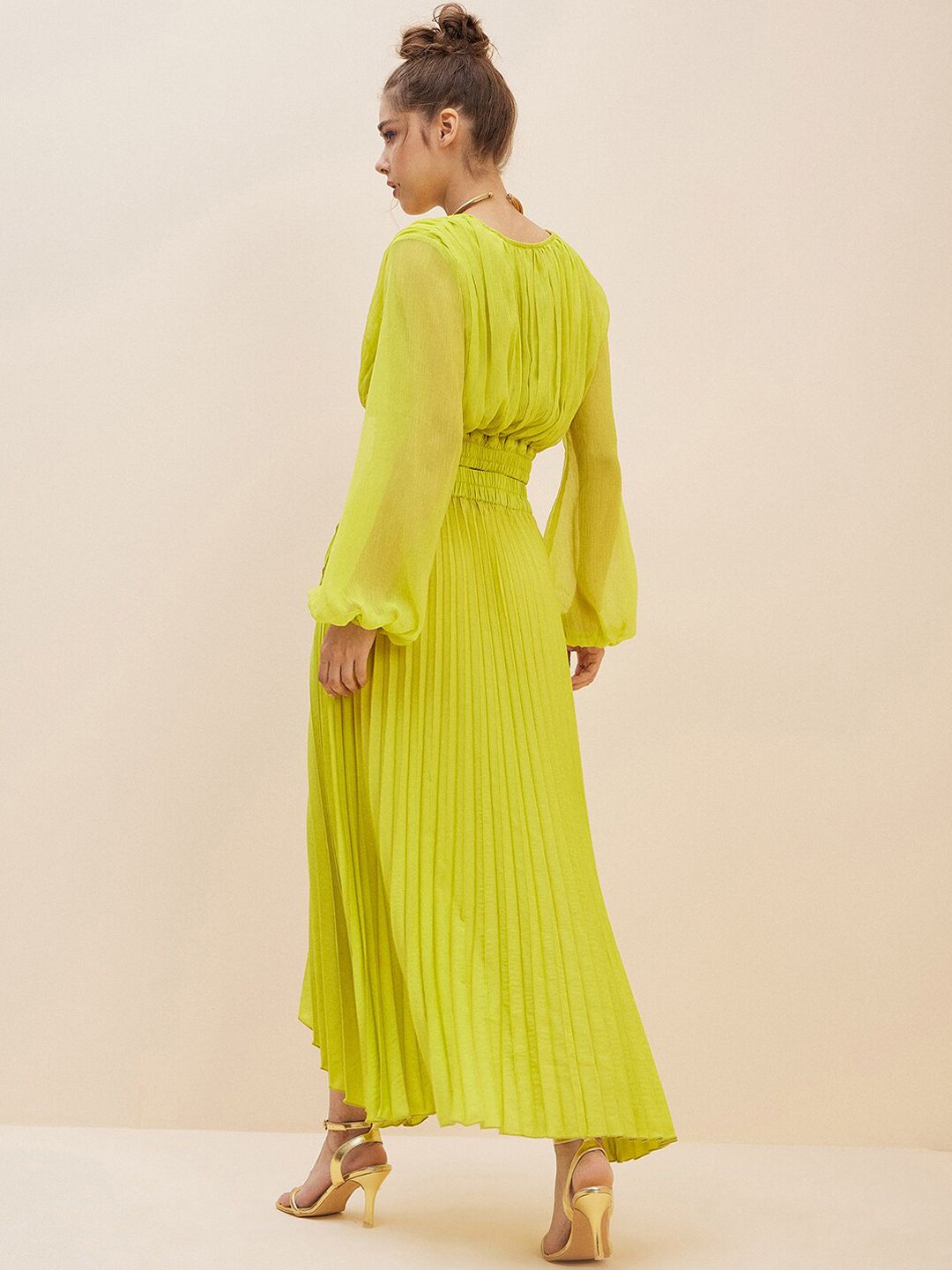 Antheaa Lime Green Crop Top With Accordion Pleated Overlap Assymetric Skirt