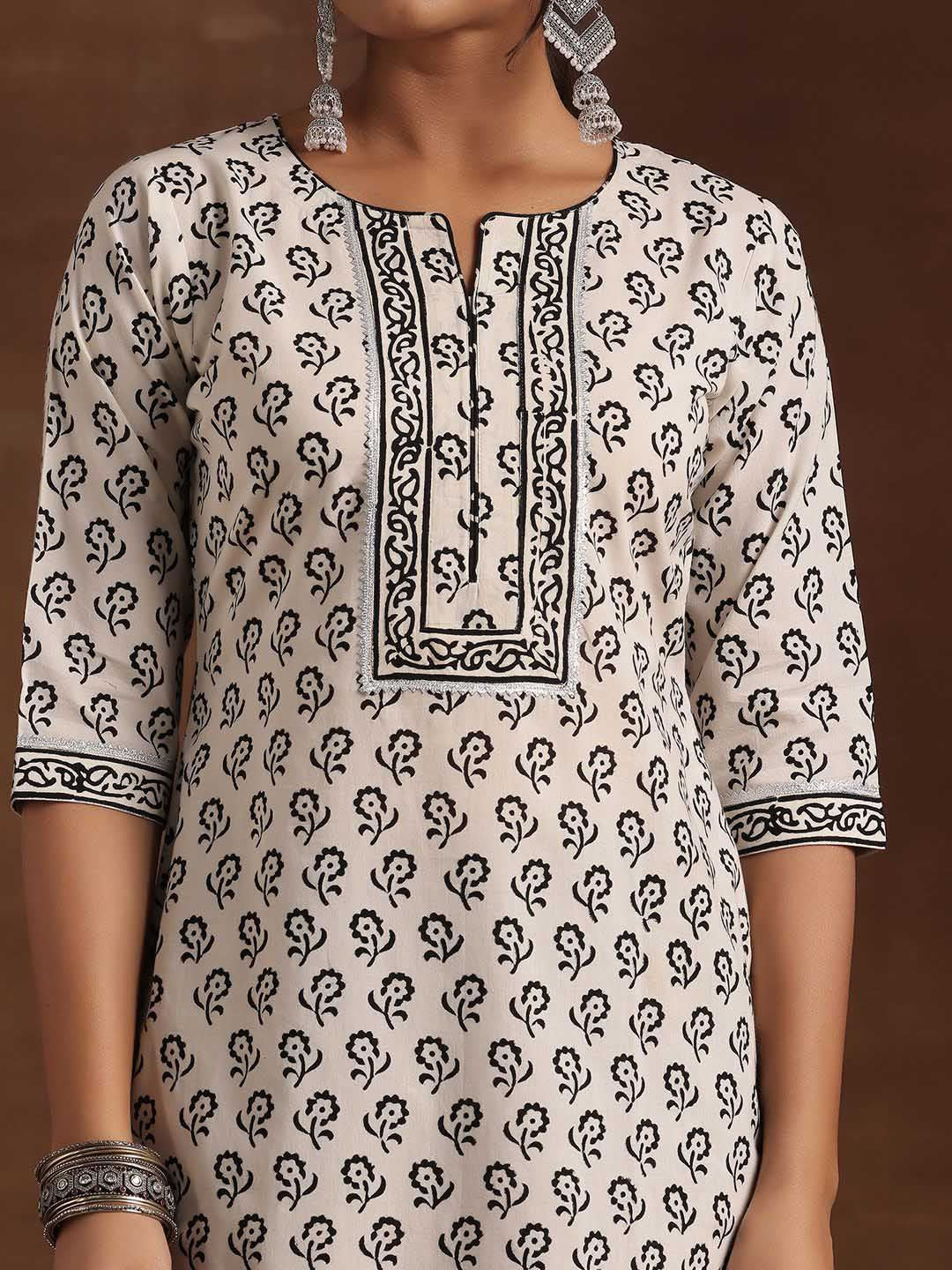 Libas Black & White Floral Printed Notch Neck Pure Cotton Kurta with Trousers & Dupatta