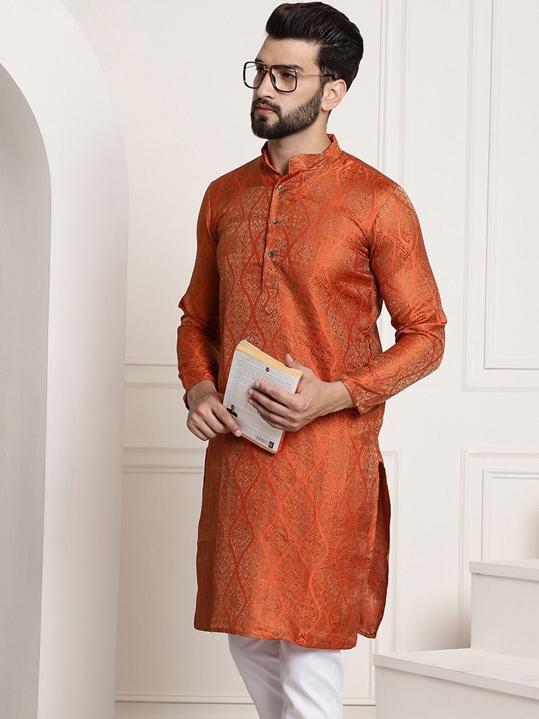 Sojanya Men Orange & Golden Ethnic Motifs Jacquard Kurta