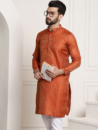Sojanya Men Orange & Golden Ethnic Motifs Jacquard Kurta