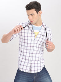 The Indian Garage Co Men White Checked Hooded Casual Shirt