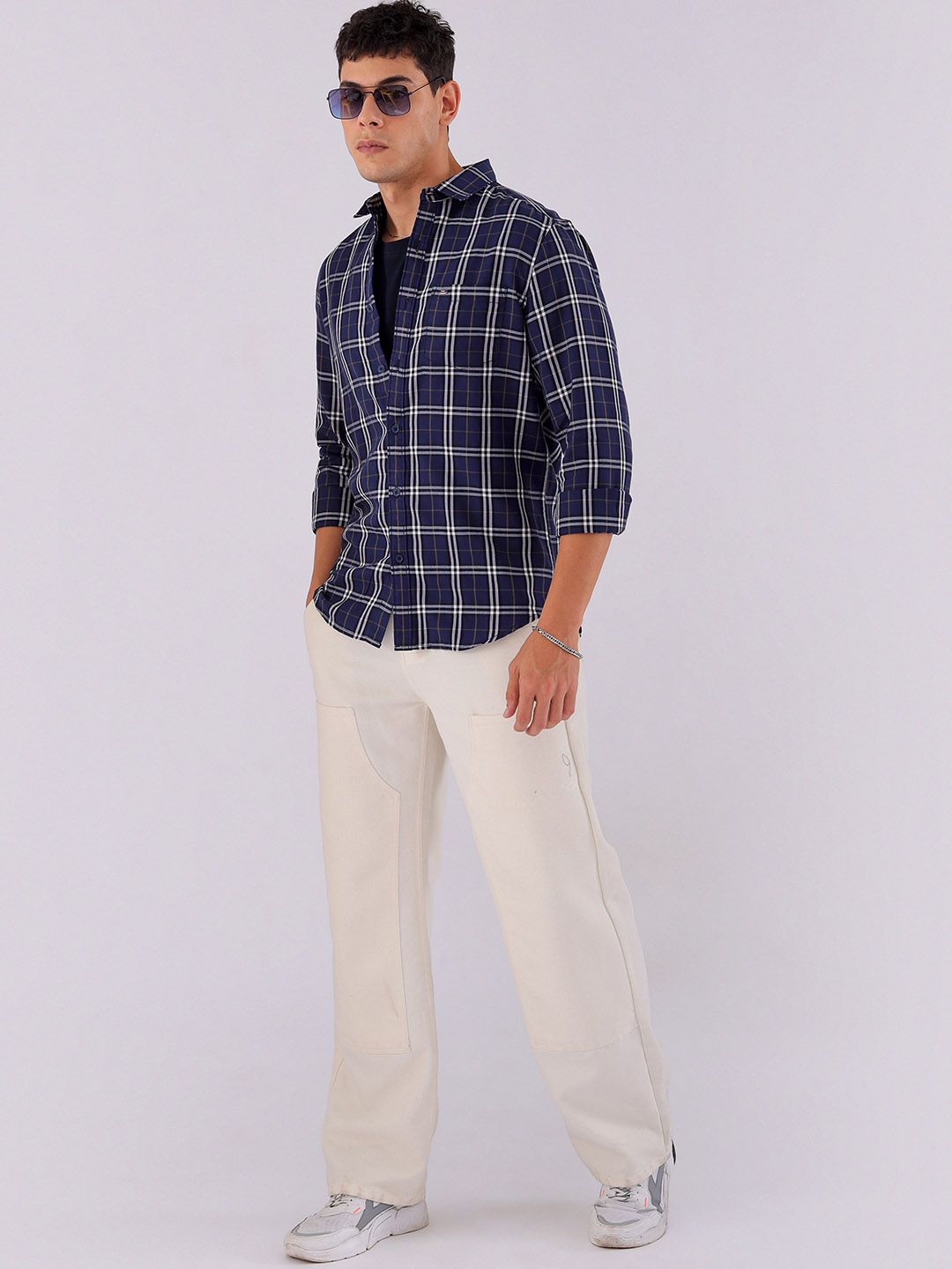 The Indian Garage Co Men Spread Collar Tartan Checked Cotton Slim Fit Casual Shirt