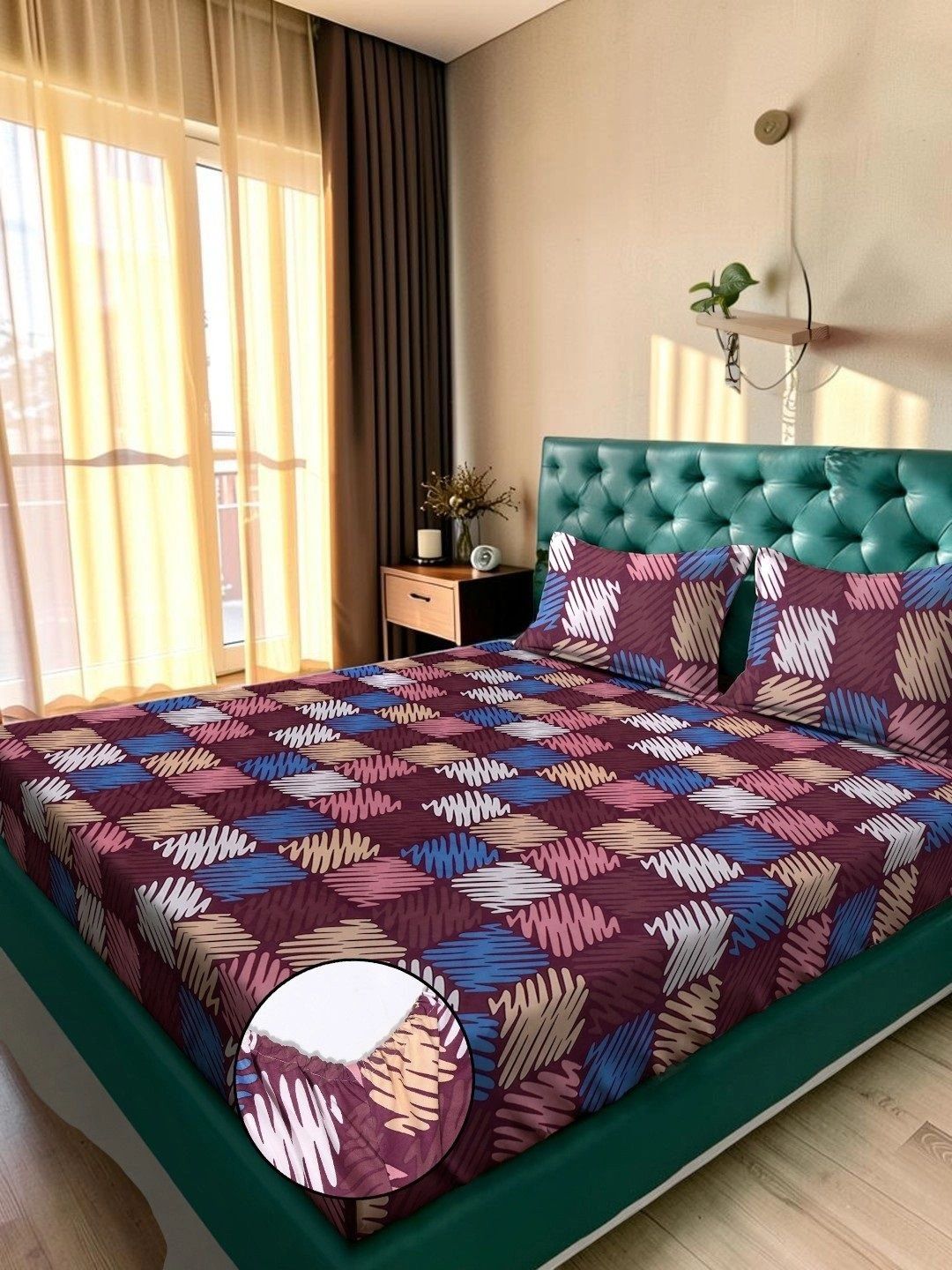 Moda Rapido X KLOTTHE Multicoloured Geometric 300 TC King Bedsheet with 2 Pillow Covers