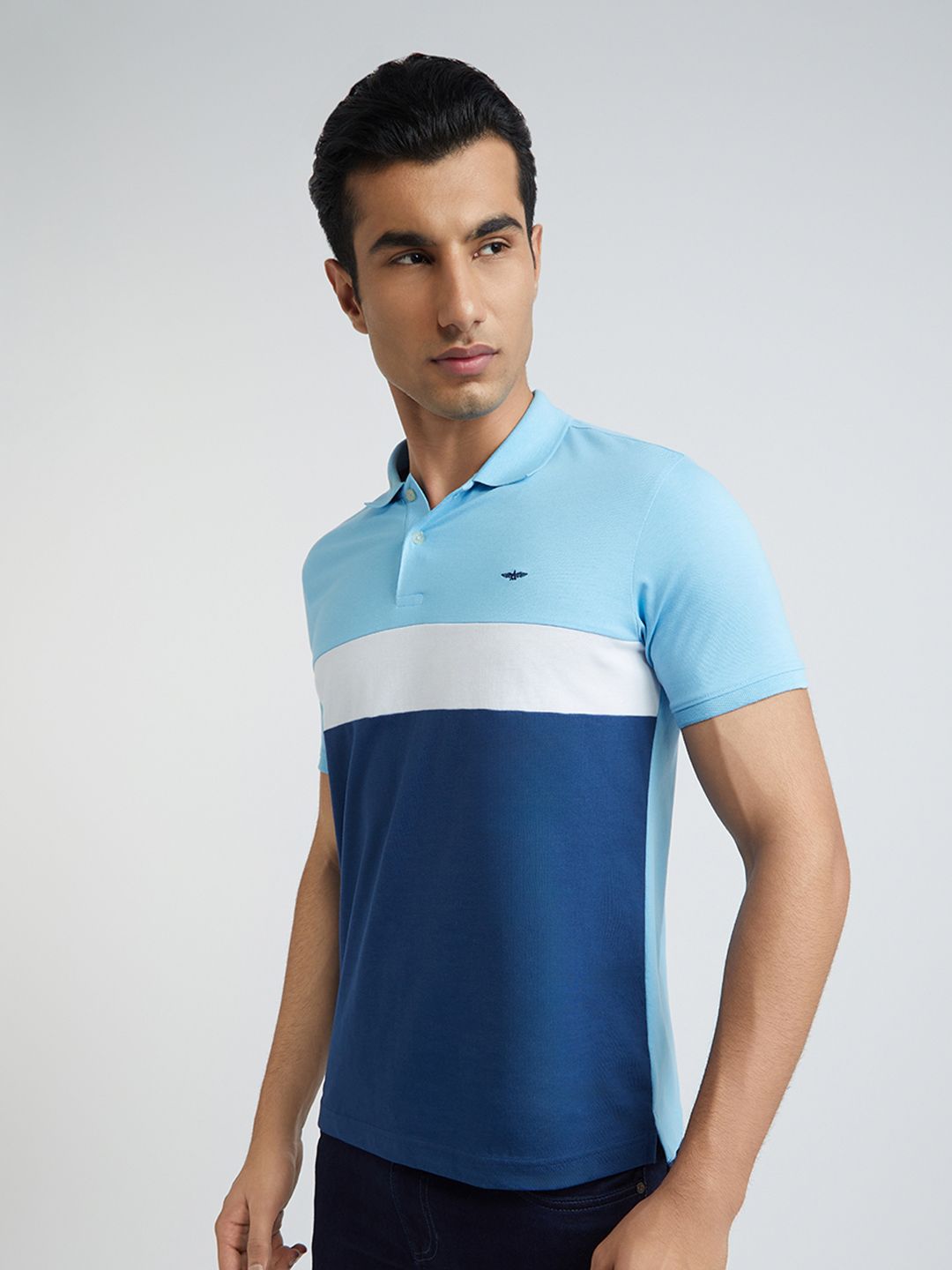 Park Avenue Men Blue & White Colourblocked Polo Collar Slim Fit T-shirt