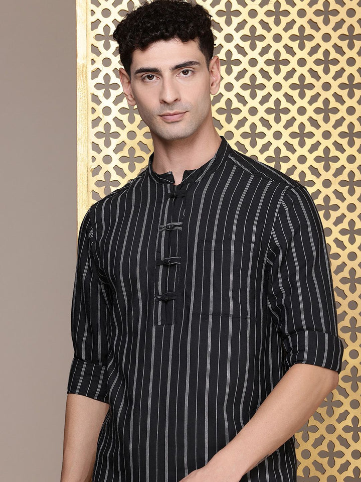 House of Pataudi Mandarin Collar Striped Rozana Kurta