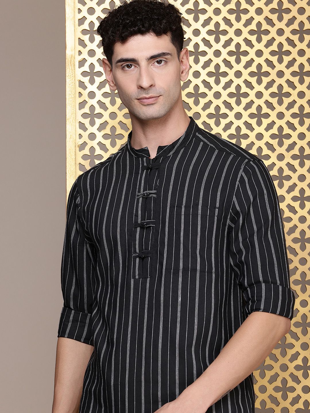 House of Pataudi Mandarin Collar Striped Rozana Kurta