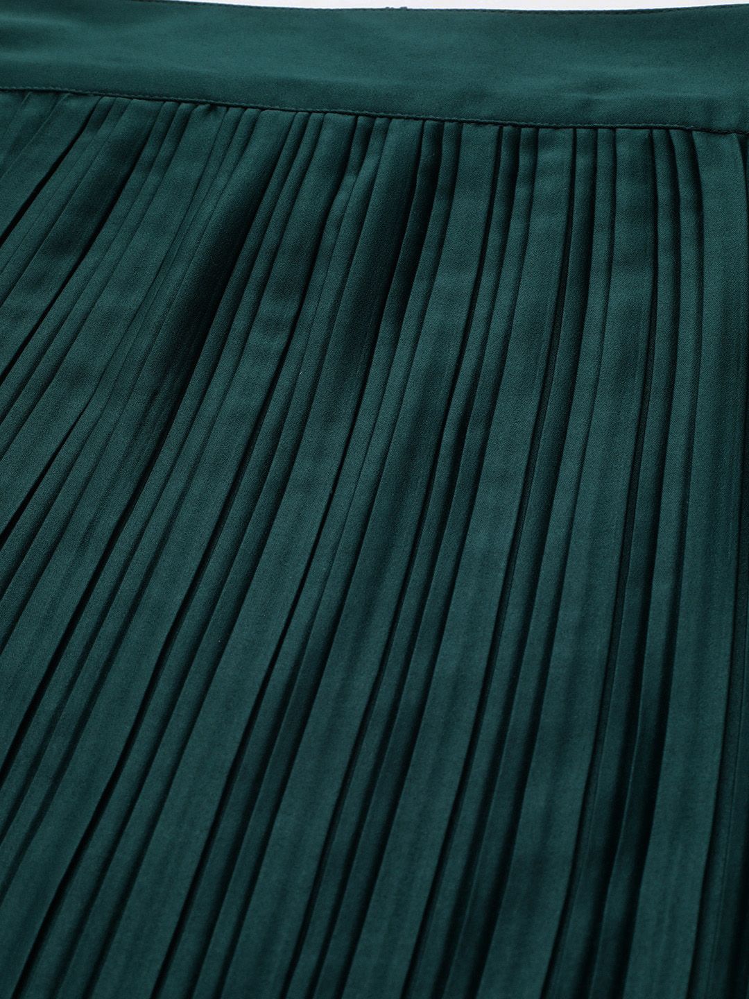 STREET 9 Women Green Solid Satin Finish Accordion Pleated Maxi A-Line Skirt