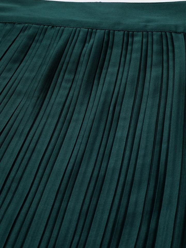 STREET 9 Women Green Solid Satin Finish Accordion Pleated Maxi A-Line Skirt