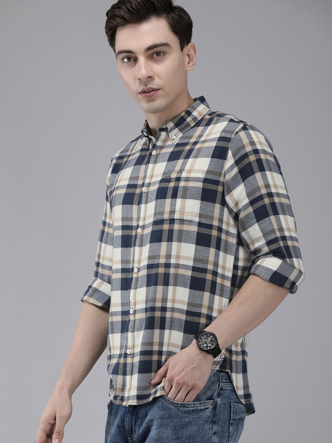 THE BEAR HOUSE Men White & Blue Slim Fit Pure Cotton Checked Casual Shirt
