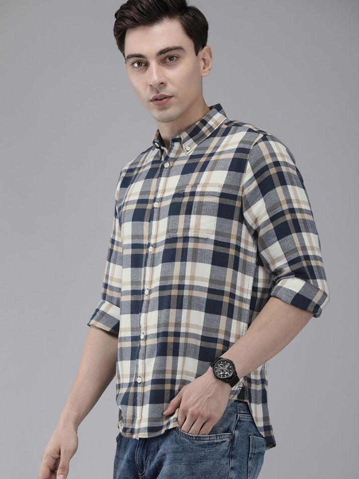 THE BEAR HOUSE Men White & Blue Slim Fit Pure Cotton Checked Casual Shirt