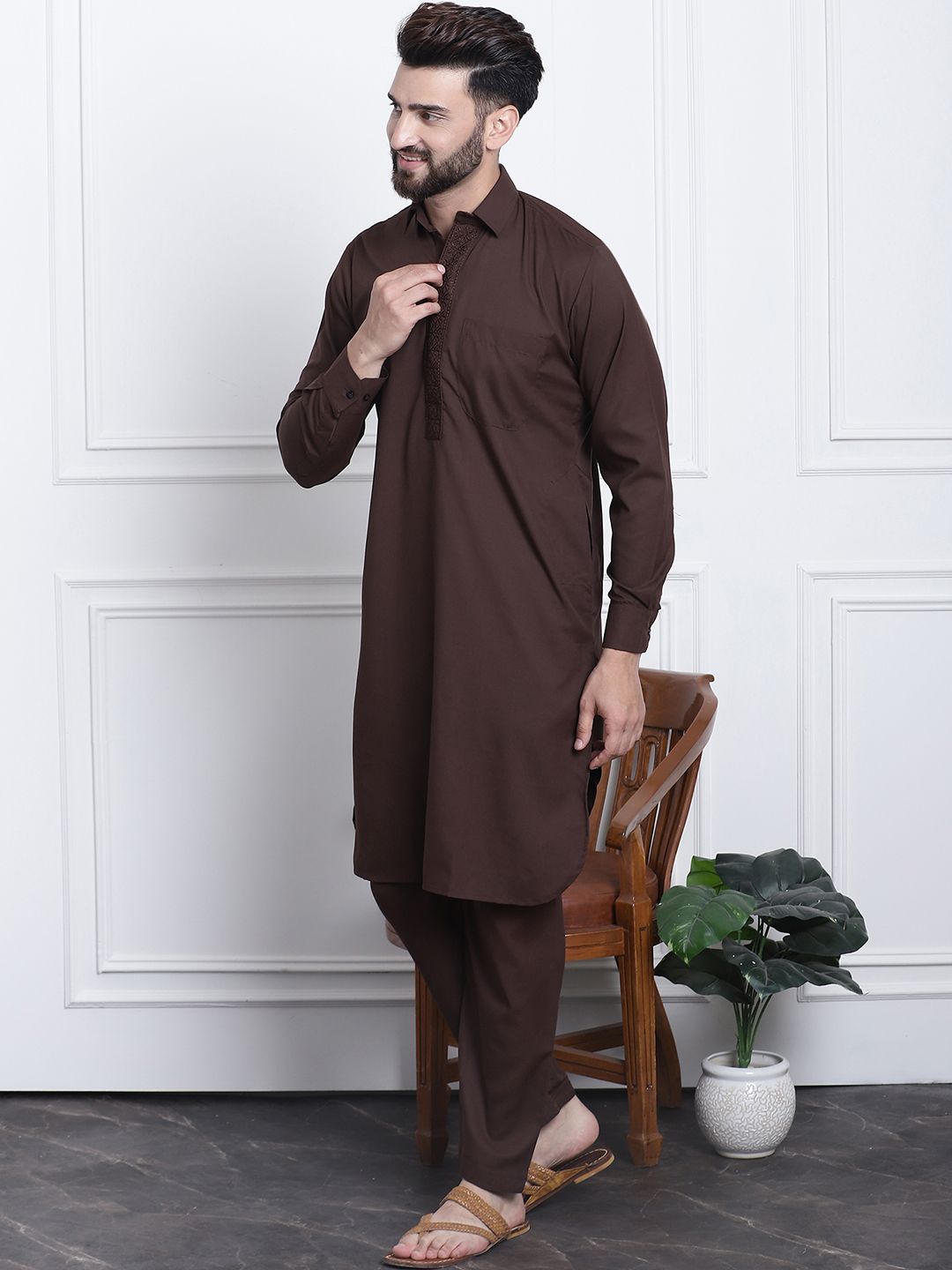 SOJANYA Shirt Collar Curved Hem Pathani Kurta with Salwar