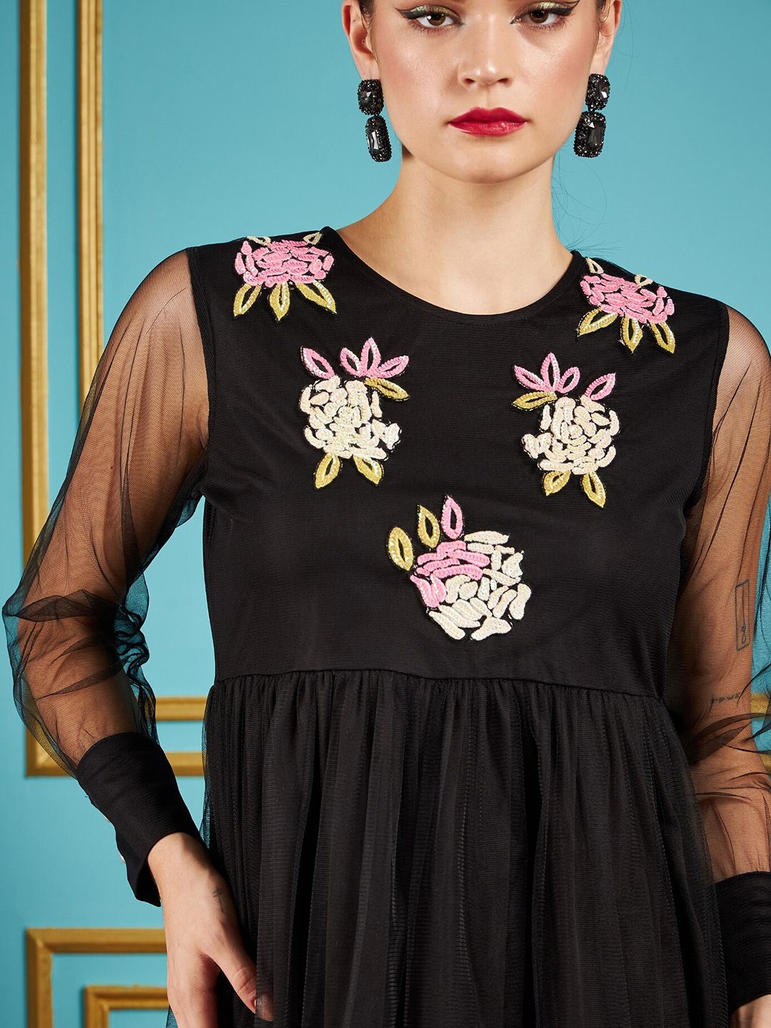 SASSAFRAS Black Floral Embellished Detailed Gathered Detailed Net Fit & Flare Mini Dress
