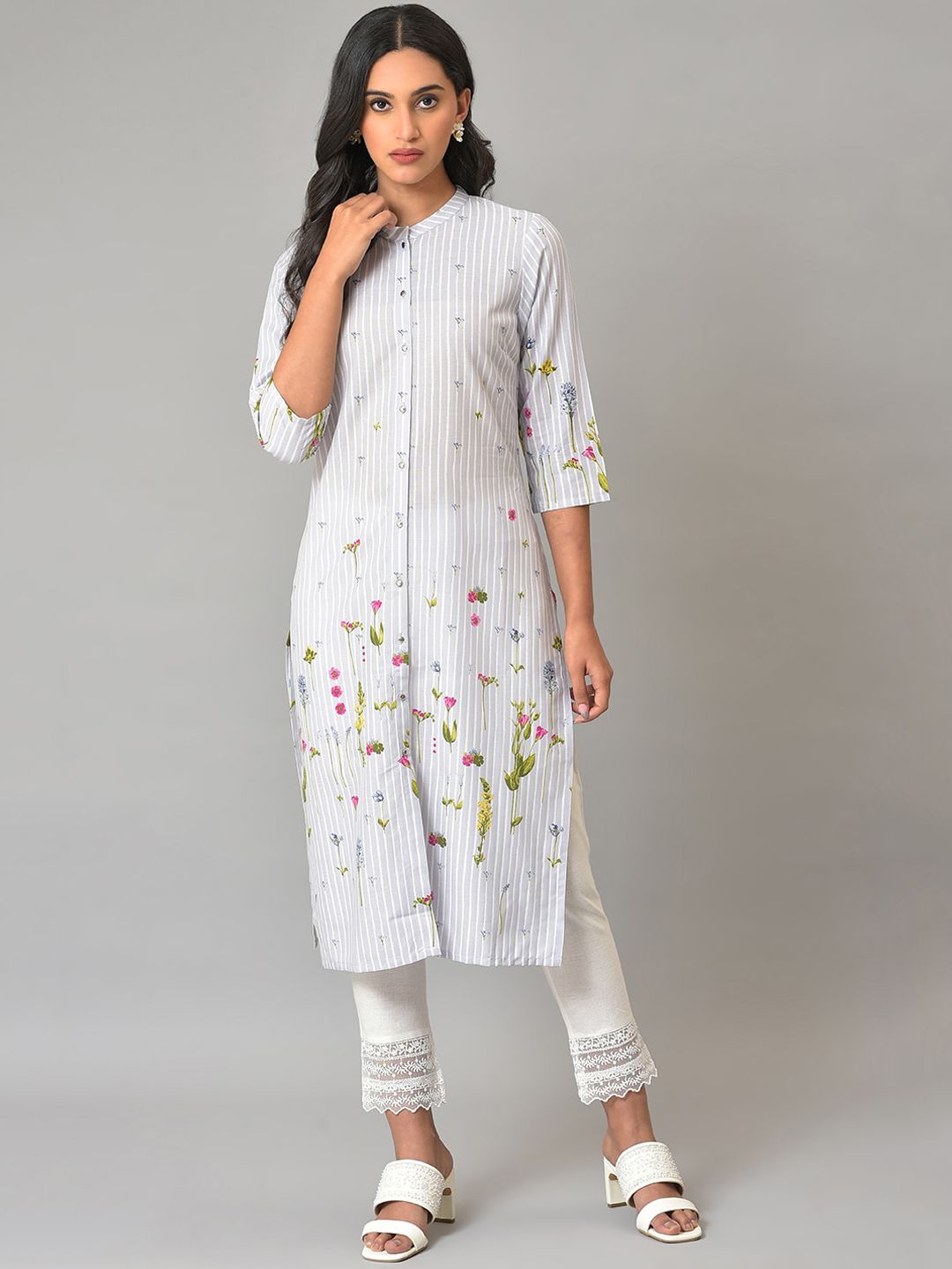 W Women Blue Printed Pathani Kurta