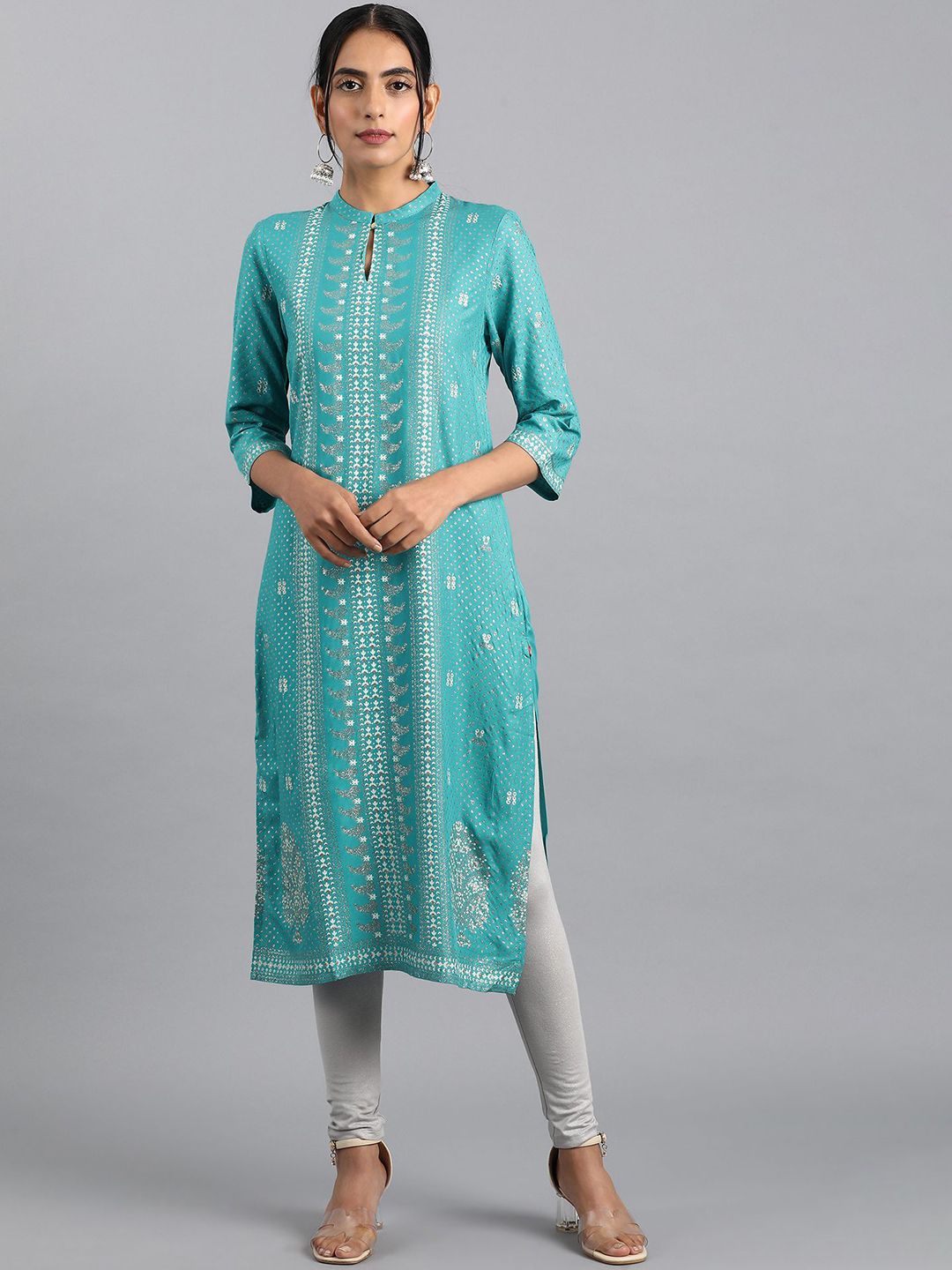 W Blue Floral Printed Keyhole Neck Straight Kurta