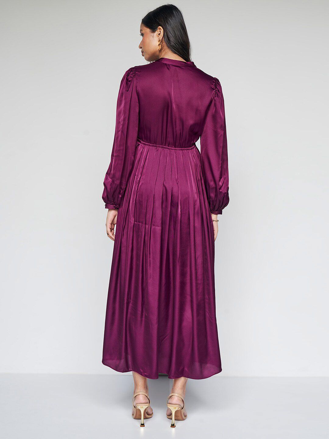 AND Cuffed Sleeves Mandarin Collar Pleated Fit & Flare Midi Dress