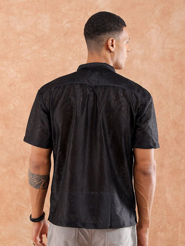 The Indian Garage Co Men Relaxed Fit Solid Warp Knit Lace Resortwear Shirt
