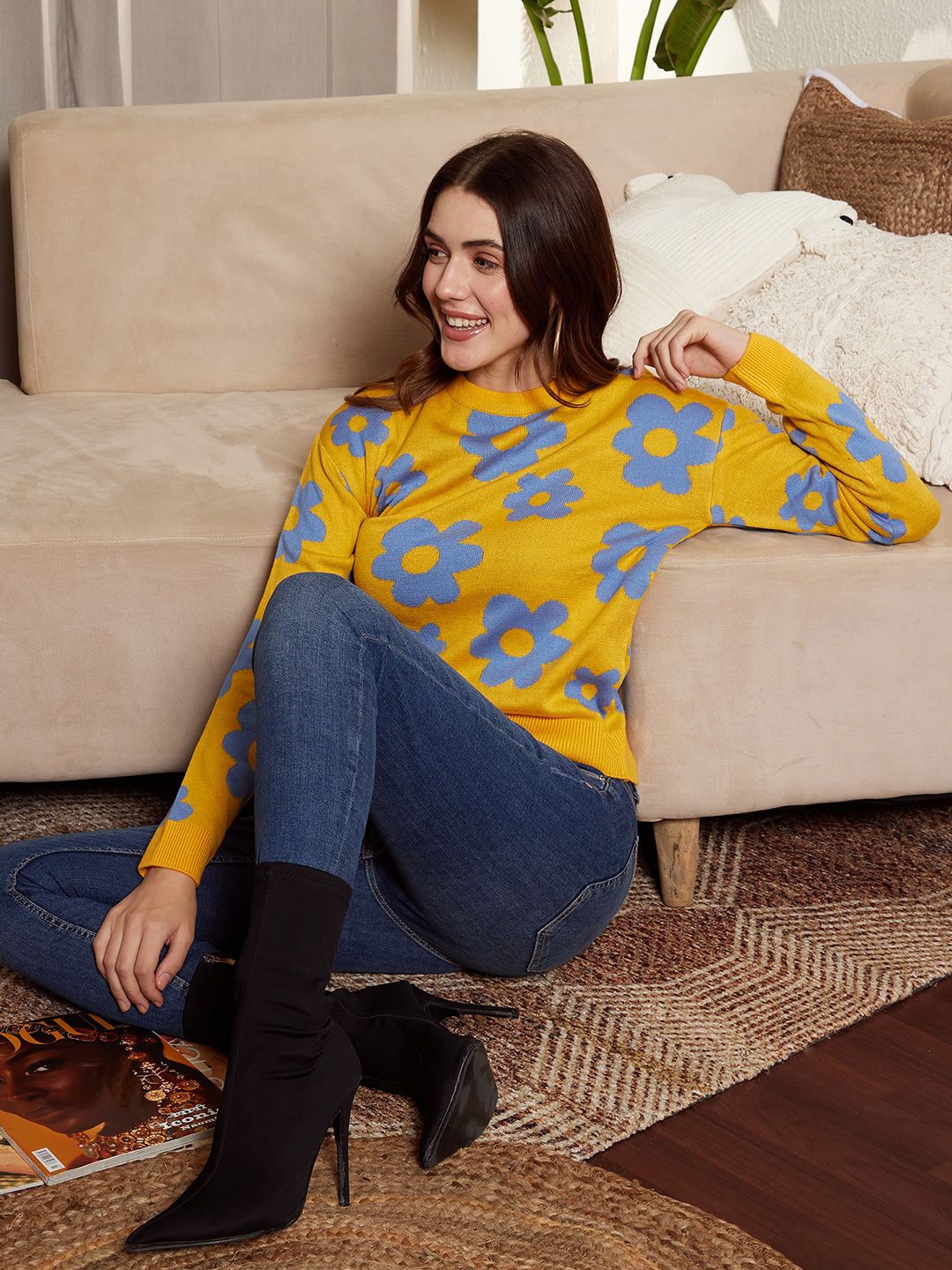 Berrylush Floral Printed Acrylic Pullover Sweater